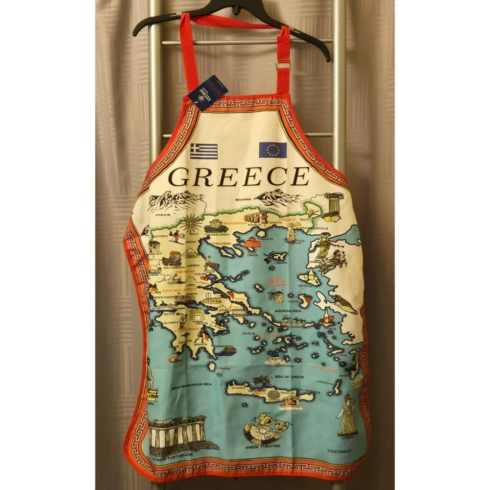 Kedima Greek Art Map of Greece Souvenir Apron Red Greek Key Border NWT